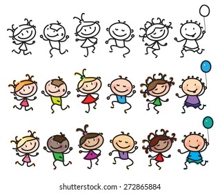 Vector fun, dancing multi-ethnic kids cartoons isolated.