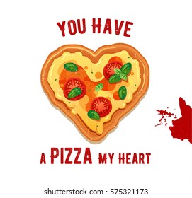 Vector fun Valentine’s Day card You have a Pizza my heart. Classic Pizza Margherita illustration with cheese, tomatoes and basil leaves ingredients isolated on white background. 