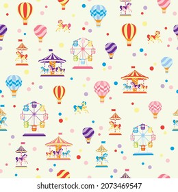 Vector Fun Fair, Carrousel, Hot air Balloons and Ferris wheels seamless pattern background. Perfect for fabric, scrapbooking, wallpaper projects