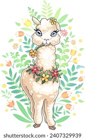 Vector Fun Floral Alpaca Illustration