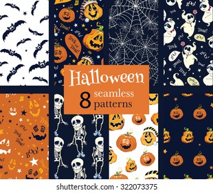 Vector Fun Helloween Pumpkins Skeleton Ghost Nine Set Seamless Pattern. Isla Vista California. Dancing Spirits