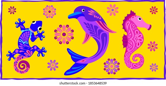Ilustración vectorial divertida del delfín lagarto y del caballito de mar sobre fondo amarillo