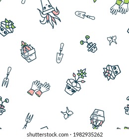 Vector Fun Kawaii House Plant Chores Lineart with Lemon and Peach Orange seamless pattern background. Perfect for fabric, scrapbooking and wallpaper projects.