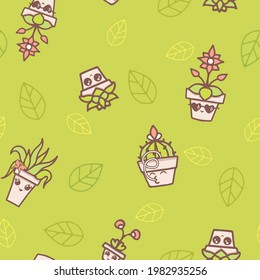 Vector Fun Kawaii House Plants I Pots in line on Lemon Lime Green seamless pattern background. Perfect for fabric, scrapbooking and wallpaper projects.