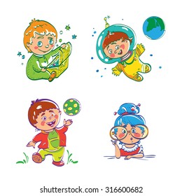 Vector fun kid characters mini set. Cartoon hand drawing illustration.