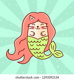 Vector fun magic cartoon kawaii cat mermaid. Line style bright kawaii cute kitty, illustration for baby and child. 