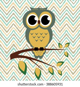 Vector fun owl sitting on a branch isolated on white background. Cover cartoon illustration, gray colors