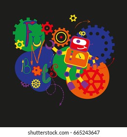 Vector fun robots illustration with circles, gears, lightbulbs and arrows. Technology print for kids. Cute mechanical vector print on black background. Cheerful, bright characters. 
Fun robots print.