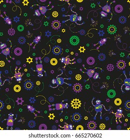 Vector fun robots pattern with circles, gears, lightbulbs and arrows on black background. Technology print for kids. Cute mechanical vector pattern. Cheerful, bright characters. 
Fun robots pattern.