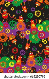 Vector fun robots pattern with circles, gears, lightbulbs and arrows on black background. Technology print for kids. Cute mechanical vector pattern. Cheerful, bright characters. 
Fun robots pattern.