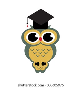 Vector fun scientist owl sitting on a branch isolated on white background. Cover cartoon owl graduation illustration