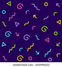 Vector fun seamless pattern with different shape on dark blue background. Flat line art style creative design with triangle, zigzag, swirl and arrow for web, site, banner, textile, paper, print, card