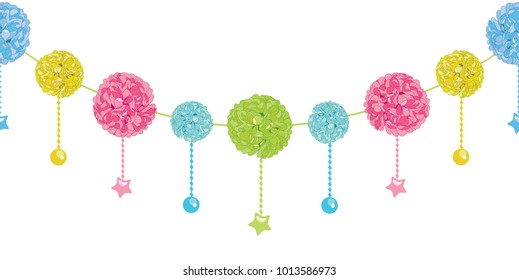 Vector Fun Set of Hanging Pastel Colorful Birthday Party Paper Pom Poms and Stars Horizontal Seamless Repeat Border Pattern. Great for handmade cards, invitations, wallpaper, packaging, nursery
