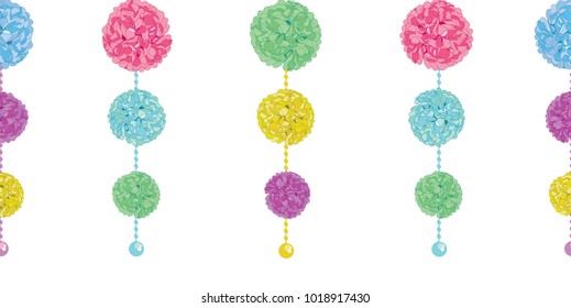 Vector Fun Set of Hanging Pastel Colorful Birthday Party Paper Pom Poms and Beads Horizontal Seamless Repeat Border Pattern. Great for handmade cards, invitations, wallpaper, packaging, nursery