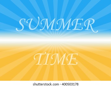 Vector Fun shiny background with written text "Summer time" in Ukranians flag style. Bright poster,  sun rays, sky and beach.