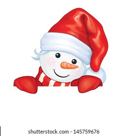 Vector of fun snowman hiding by blank isolated. 