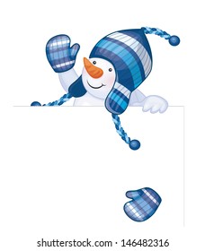 Vector of fun snowman hiding by blank isolated.