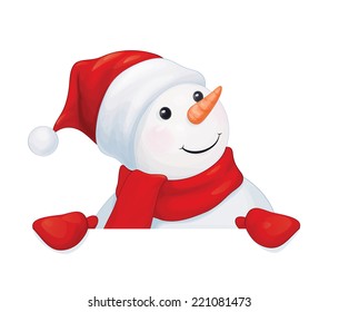 Vector  fun snowman hiding by blank isolated.