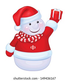 Vector of fun snowman holding gift isolated.