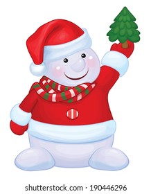 Vector fun snowman holds Christmas tree isolated.