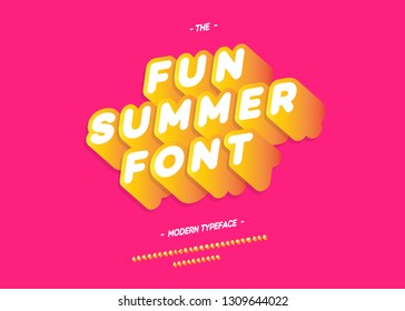 Vector fun summer font 3d bold slanted style modern typography for decoration, logo, poster, t shirt, book, card, sale banner, printing on fabric, industrial. Cool typeface. Trendy alphabet. 10 eps