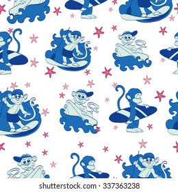 Vector Fun Surfing Monkeys Starfish Seamless Pattern. SUP Boogie Board
