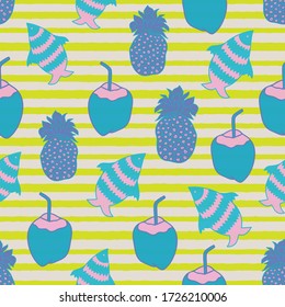 Vector fun textured stripes. tropical beach items seamless pattern background