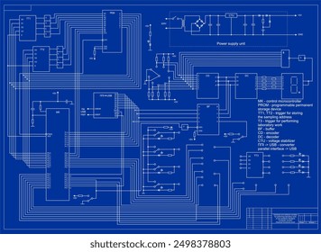 Vector functional schematic diagram. 
Drawing of complex electrical circuit of electronic device
with microprocessor, resistor, capacitor, led, memory chip,
logic gate, indicator, integrated circuit.
