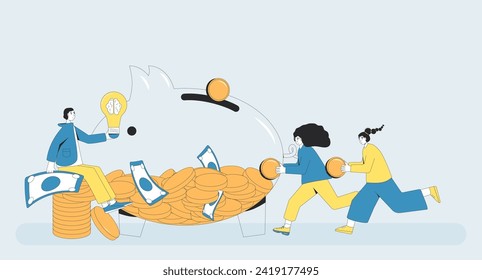 Vector fundraising concept. Entrepreneur sitting on the pile of coins and holding light bulb with mind symbol. Founder pitching about business idea for sponsors. Startup goal. People with piggybank.