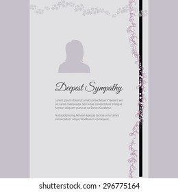 Vector funeral card with elegant abstract floral motif, place for text and photo