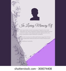 Vector funeral card with elegant abstract floral motif, place for text and photo