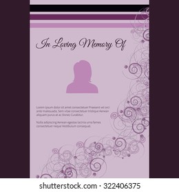 Vector funeral card with elegant abstract floral motif, place for text and photo