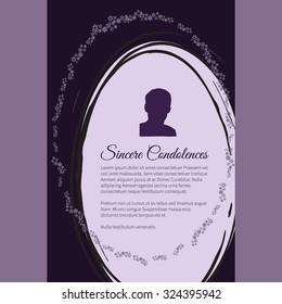 Vector funeral card with elegant abstract floral motif, place for text and photo
