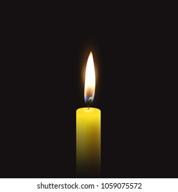 Vector funeral card with single 3d realistic yellow orange paraffin wax burning candle closeup on dark black background. Design template for graphics