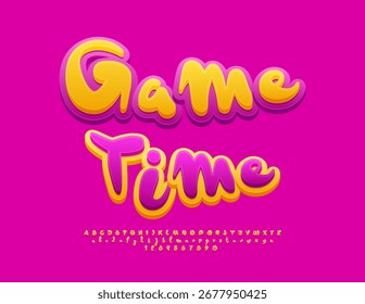 Vector Funky badge Game Time. Playful Yellow and Pink Font. Cute Kids  Alphabet Letters and Numbers set