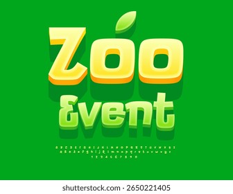 Evento Zoo com banner Funky Vetor. Fonte Verde Bonita. Conjunto exclusivo de letras e números do alfabeto 3D.