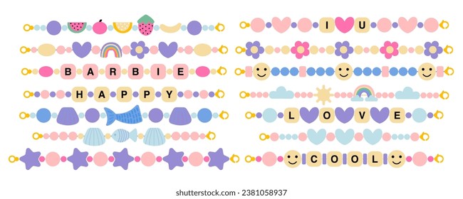 Juego de pulseras funky vectorial. Pulseras de cuentas de plástico con corazones, sirenas, arcoíris y frutas.