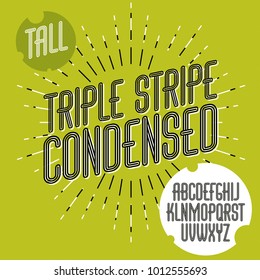 Vector funky capital English alphabet letters collection. Cool condensed font, script from a to z can be used in poster art. Created using triple stripy, parallel lines.