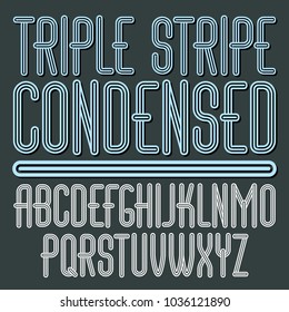 Vector funky capital English alphabet letters collection. Cool condensed font, script from a to z can be used in poster art. Made with triple stripy decoration.