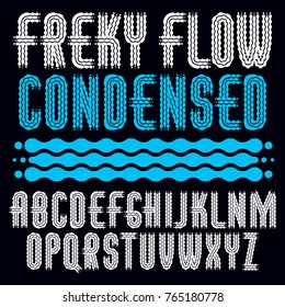 Vector funky capital English alphabet letters collection. Rounded bold condensed retro font, typescript can be used as logo design element. Created using waves, flowing lines.

