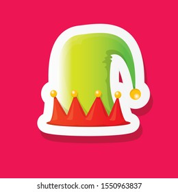 vector funky cartoon cute christmas elf hat isolated on pink background. vector kids colorful elf hat sticker, icon or label . Christmas decorative design element for banner, flyer or poster