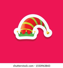 vector funky cartoon cute christmas elf hat isolated on pink background. vector kids colorful elf hat sticker, icon or label . Christmas decorative design element for banner, flyer or poster