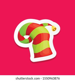 vector funky cartoon cute christmas elf hat isolated on pink background. vector kids colorful elf hat sticker, icon or label . Christmas decorative design element for banner, flyer or poster