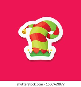 vector funky cartoon cute christmas elf hat isolated on pink background. vector kids colorful elf hat sticker, icon or label . Christmas decorative design element for banner, flyer or poster