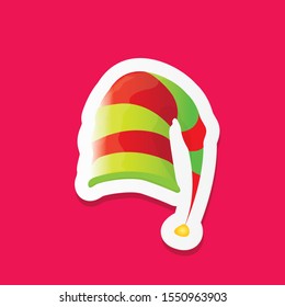 vector funky cartoon cute christmas elf hat isolated on pink background. vector kids colorful elf hat sticker, icon or label . Christmas decorative design element for banner, flyer or poster