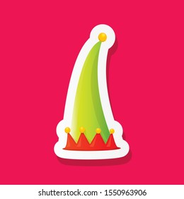 vector funky cartoon cute christmas elf hat isolated on pink background. vector kids colorful elf hat sticker, icon or label . Christmas decorative design element for banner, flyer or poster