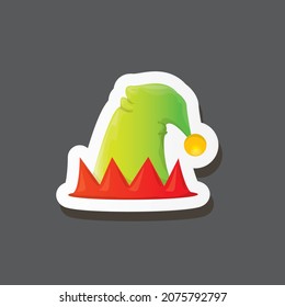 Vektorfunky-Cartoon süßer Weihnachtselfhut einzeln auf grauem Hintergrund. Vektorkinder bunt elf Hutaufkleber, Symbol oder Etikett. Weihnachtsdekoration-Design-Element für Banner, Flyer oder Poster