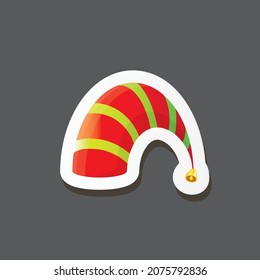 vector funky cartoon cute Christmas elf hat isolated on grey background. vector kids colorful elf hat sticker, icon or label. Christmas decorative design element for banner, flyer, or poster