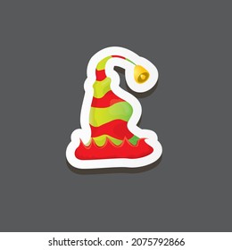 vector funky cartoon cute Christmas elf hat isolated on grey background. vector kids colorful elf hat sticker, icon or label. Christmas decorative design element for banner, flyer, or poster