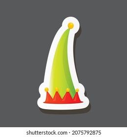 vector funky cartoon cute Christmas elf hat isolated on grey background. vector kids colorful elf hat sticker, icon or label. Christmas decorative design element for banner, flyer, or poster